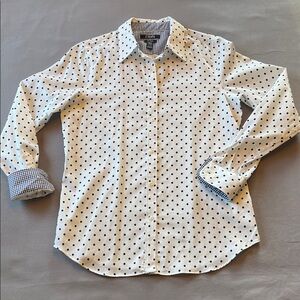 Chaps Ralph Lauren Women’s No-Iron Navy Polka Dot Shirt w/Plaid Accents Sz S